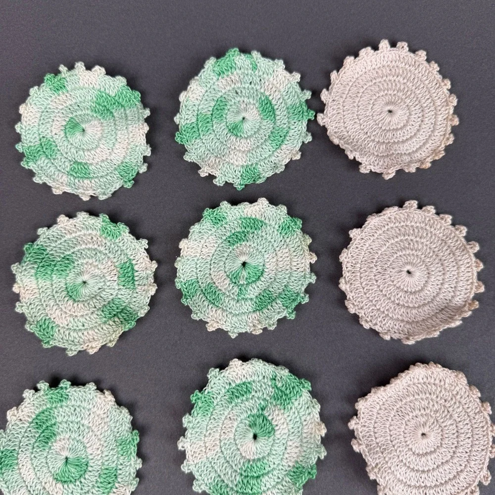 Vintage Handmade Crochet Coasters Set 14 Green Cream Round